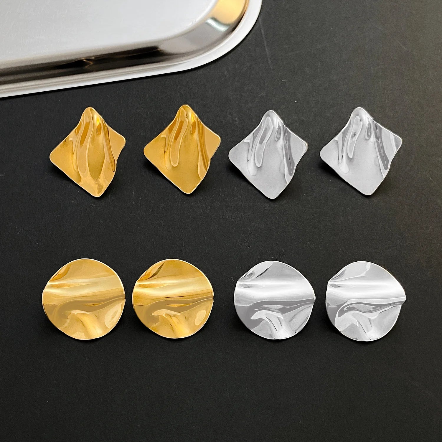 Stainless Steel Pleated Geometric Earrings For Women Jewelry Trending Vintage Women's Smooth Gold Color Stud Earrings