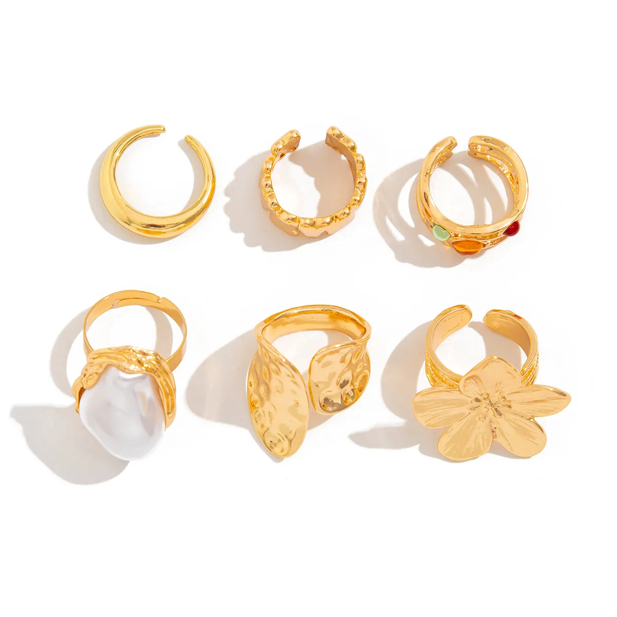 6Pcs Punk Exaggerated Metal Finger Rings Set for Women Men Vintage Flower Pearl Crystal Europe America Open Rings Luxury Jewelry
