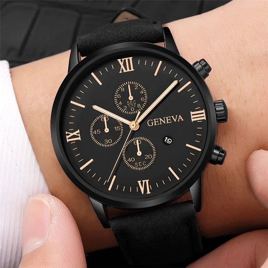 1/3PCS Men's Watch Casual Leather Band Analog Quartz Watches with Calendar