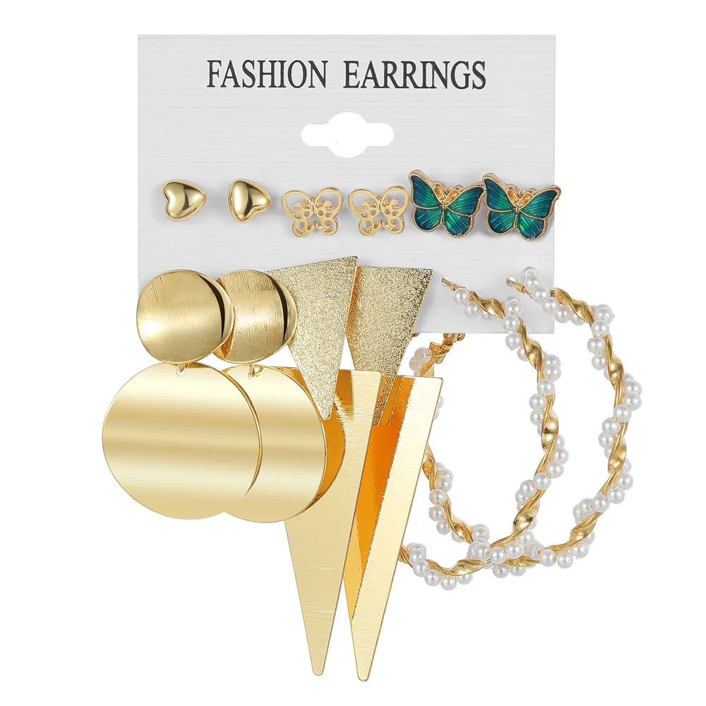 Boho Big Circle Hoop Earring Set for Women Gold Color Bohemia Vintage Pearl Square Earring Heart Zircon Ear Studs Jewelry