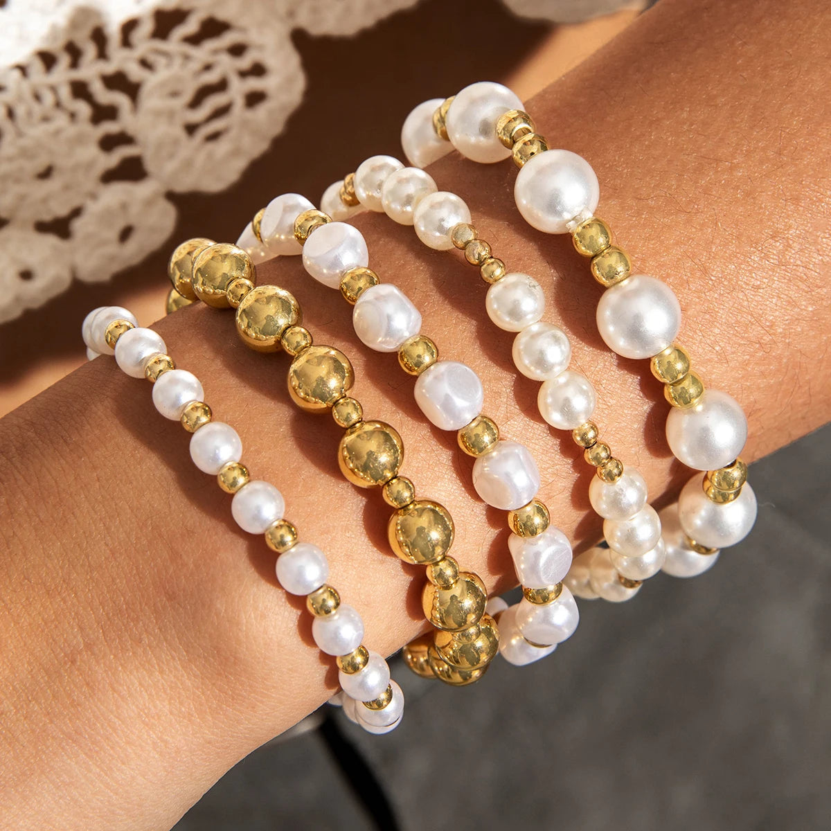 Elegant Imitation Pearl Handmade Beaded Bracelet Women Gold Color CCB Heart Jewelry Festival Gift Accessories