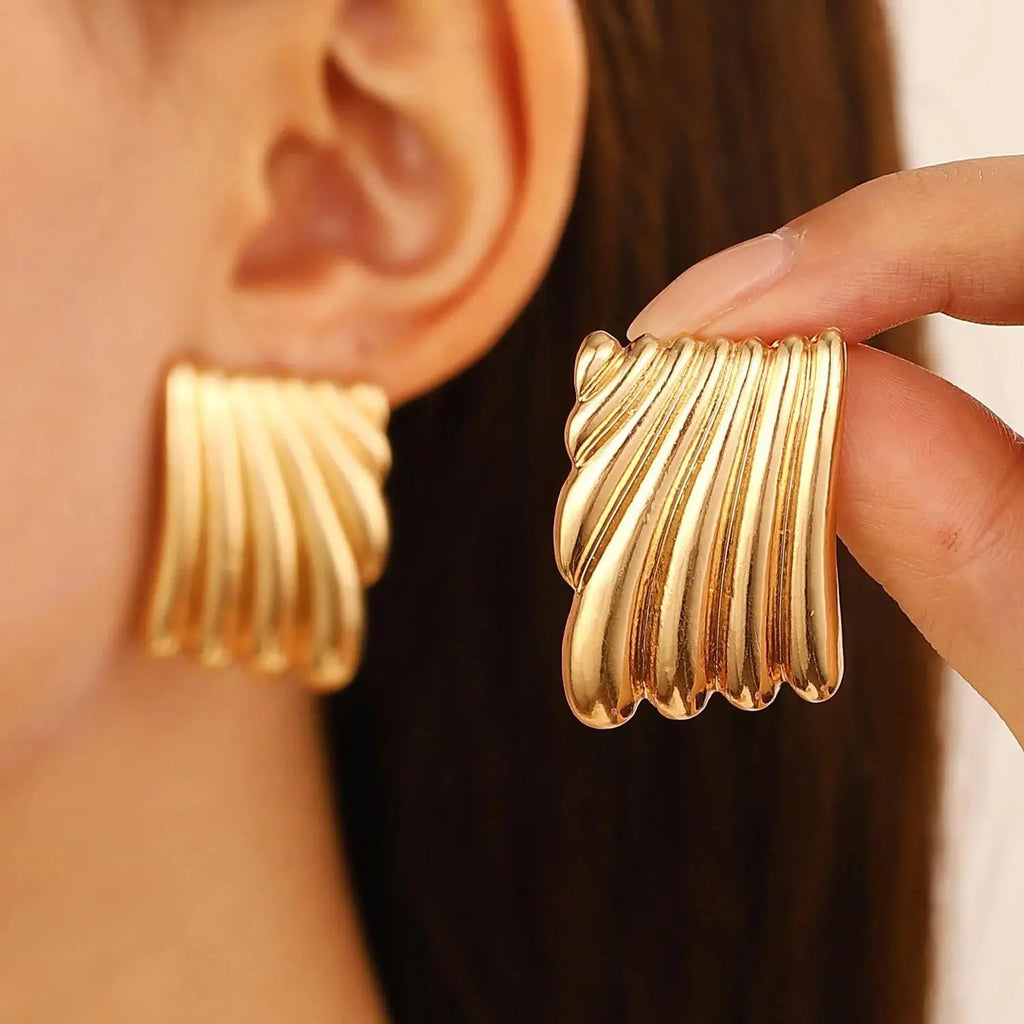 Stainless Steel Pleated Geometric Earrings For Women Jewelry Trending Vintage Women's Smooth Gold Color Stud Earrings
