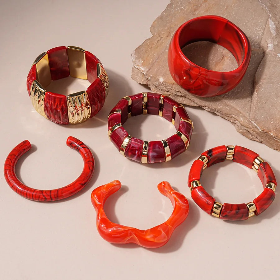Red Resin Acrylic Elastic Bracelets Personality Geometric Fashion Irregular Wide Stacking Bracelets Hand Jewelry for Women