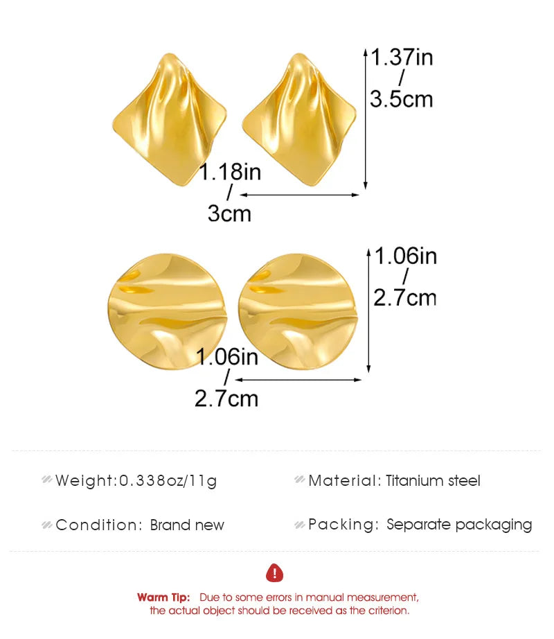 Stainless Steel Pleated Geometric Earrings For Women Jewelry Trending Vintage Women's Smooth Gold Color Stud Earrings