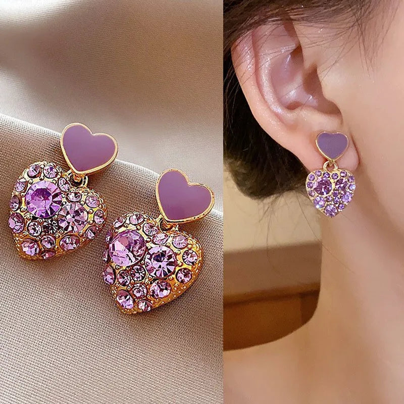 Silver Needle Fashion Purple Crystal Heart Drop Earrings For Women Jewelry 2025 Trending New Luxury Women's Earrings