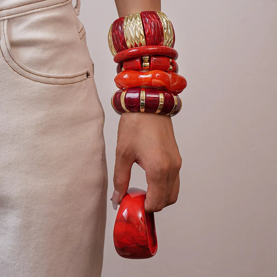 Red Resin Acrylic Elastic Bracelets Personality Geometric Fashion Irregular Wide Stacking Bracelets Hand Jewelry for Women