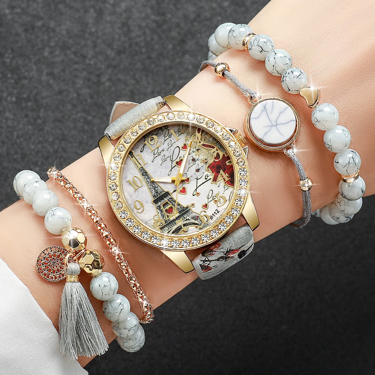 3/4/5PCS Fashion Rhinestone Women's Watch Flowers Printed Leather Band Female Quartz Watches Bracelets Set (Without Box）