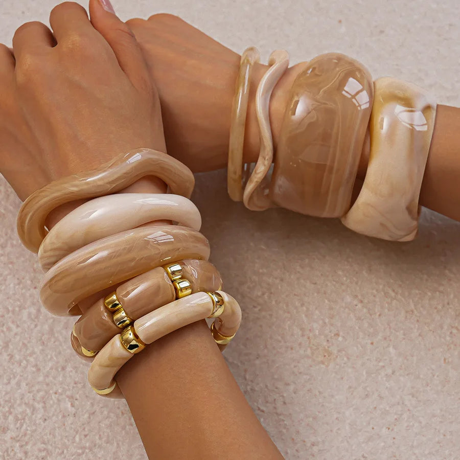 Pink Resin Acrylic Smudging Bangle for Women 2025 New Fashion Round Wide Stacked Bracelets Hand Jewelry Gifts Wholesale