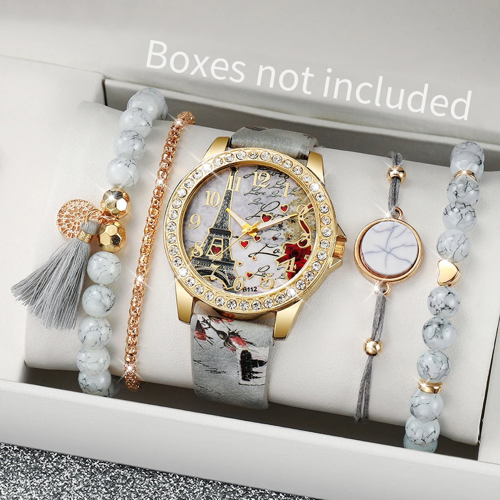 3/4/5PCS Fashion Rhinestone Women's Watch Flowers Printed Leather Band Female Quartz Watches Bracelets Set (Without Box）