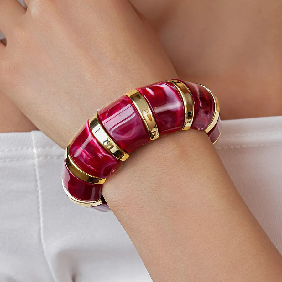 Red Resin Acrylic Elastic Bracelets Personality Geometric Fashion Irregular Wide Stacking Bracelets Hand Jewelry for Women