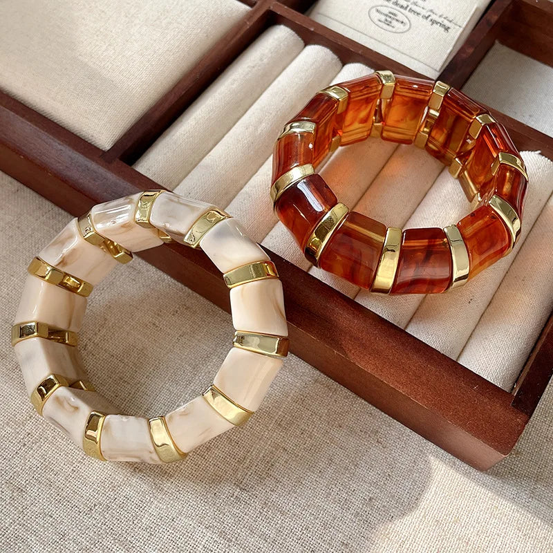 Acrylic Smudging Bangles for Women Unique Design Geometric Oval Elastic Stretch Bracelets Wide Bangles Jewelry Party Gifts