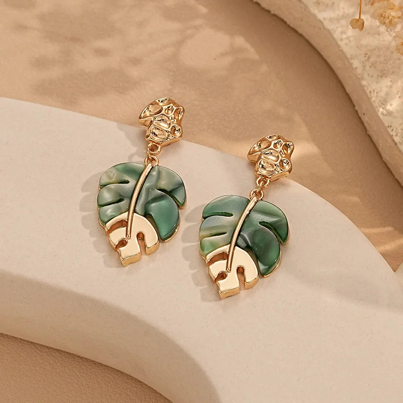Multi-color Acrylic Leaf Earrings for Women Gold Plated Zircon Dangle Earrings Stainless Steel Jewelry Birthday Gifts