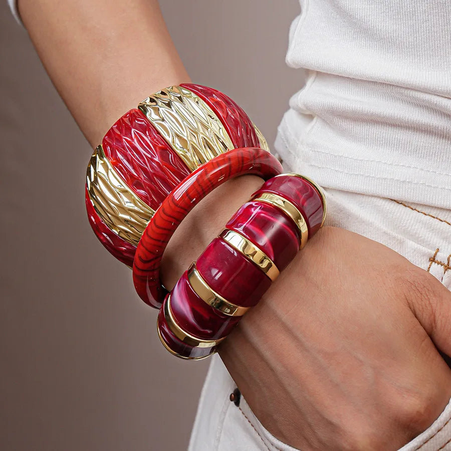 Red Resin Acrylic Elastic Bracelets Personality Geometric Fashion Irregular Wide Stacking Bracelets Hand Jewelry for Women