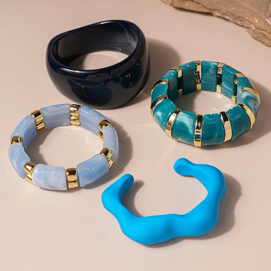 Blue Color Acrylic Resin Smudging Bangle Exaggerated Bamboo Beads Stretchy Bracelet Retro Hand Jewelry Couple Bangles Gifts
