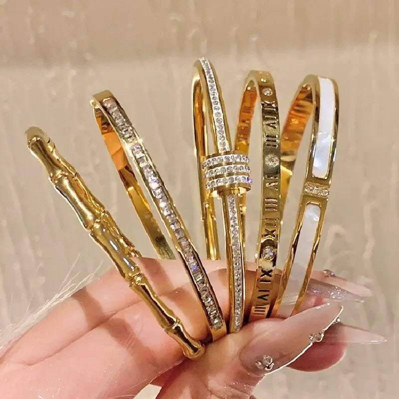Titanium Steel Stainless Steel Bangles Inlaid Zircon Gold Plated Bracelet Classic Simple Style Bangles for Women Daily Jewelry
