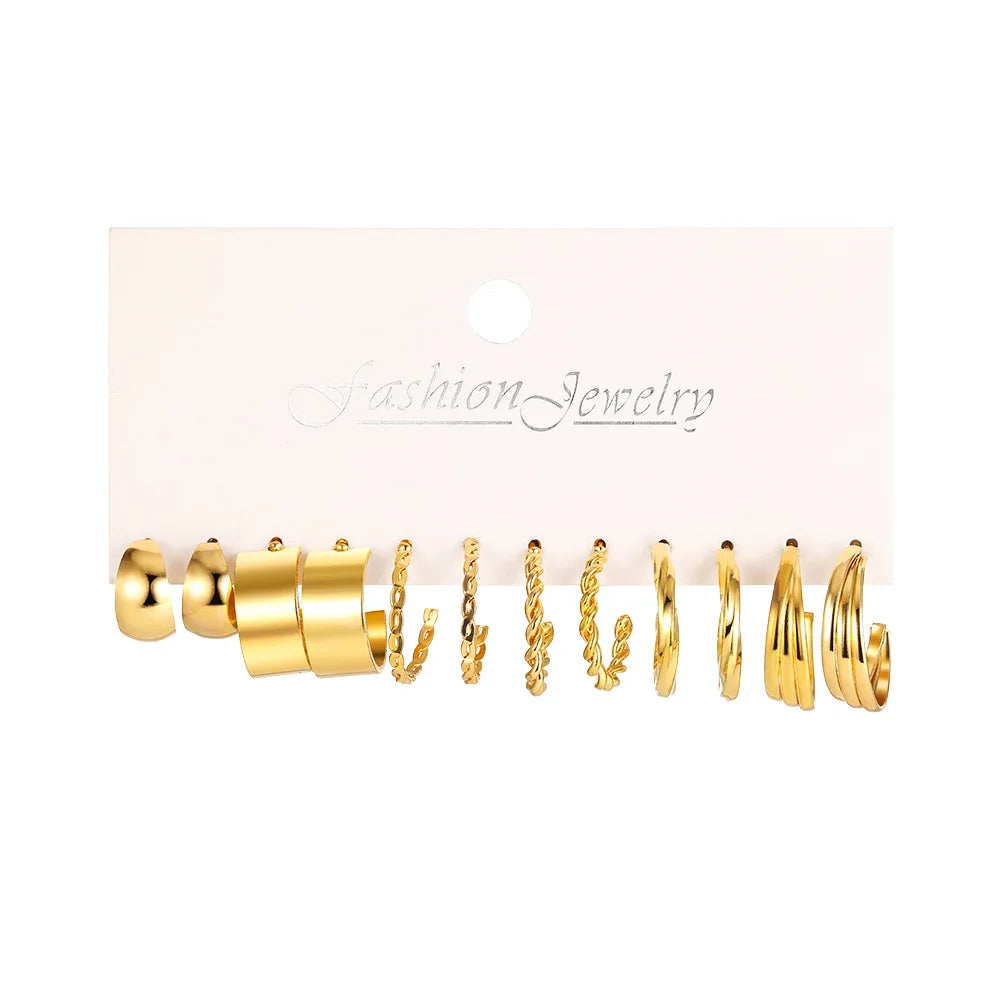Boho Big Circle Hoop Earring Set for Women Gold Color Bohemia Vintage Pearl Square Earring Heart Zircon Ear Studs Jewelry