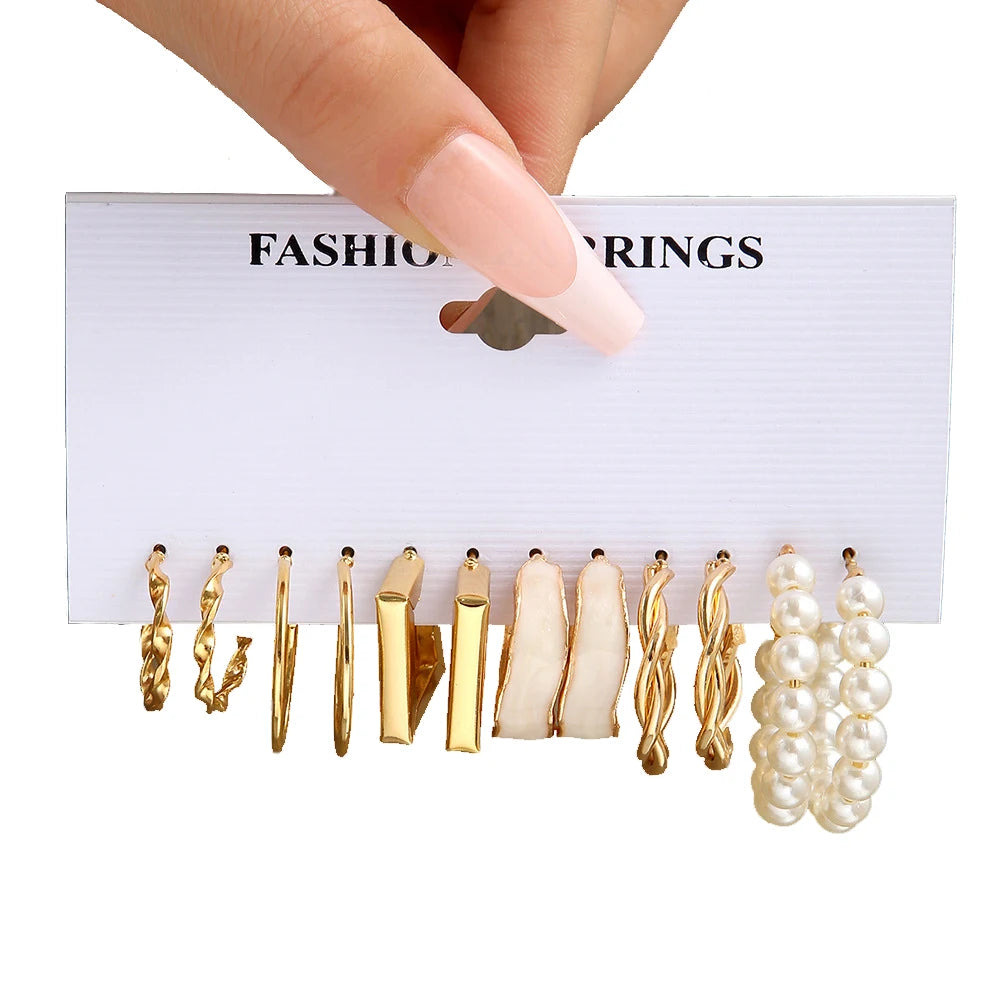 Boho Big Circle Hoop Earring Set for Women Gold Color Bohemia Vintage Pearl Square Earring Heart Zircon Ear Studs Jewelry