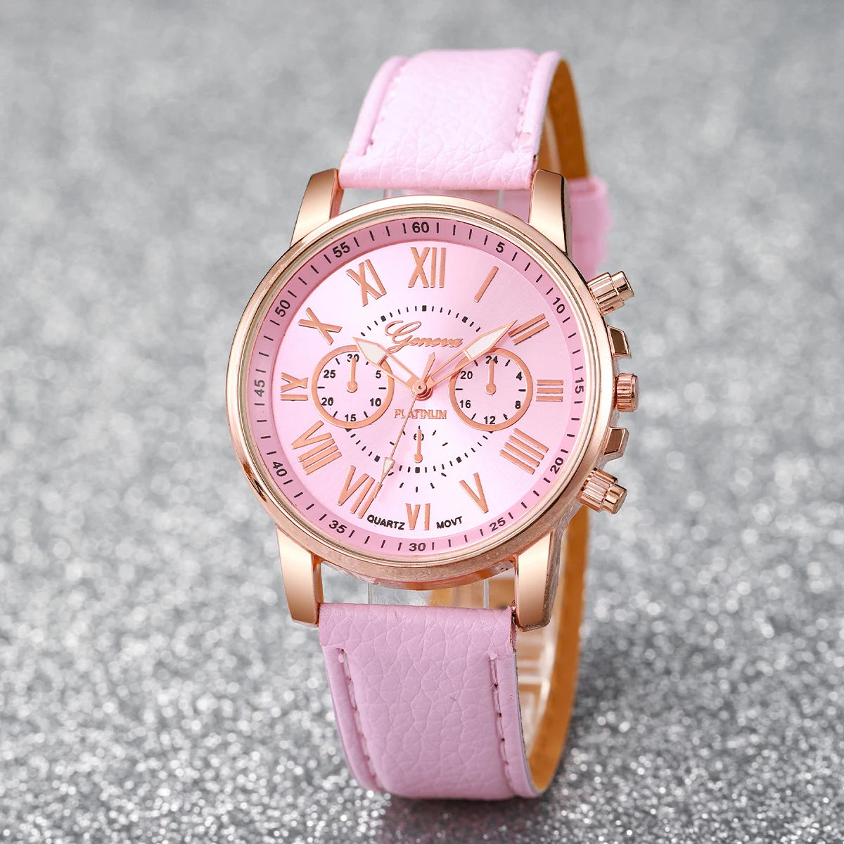 5/6PCS Fashion Women's Quartz Watch Leather Band Analog Wrist Watches Heart Rhinestone Jewelry Set (Without Box)