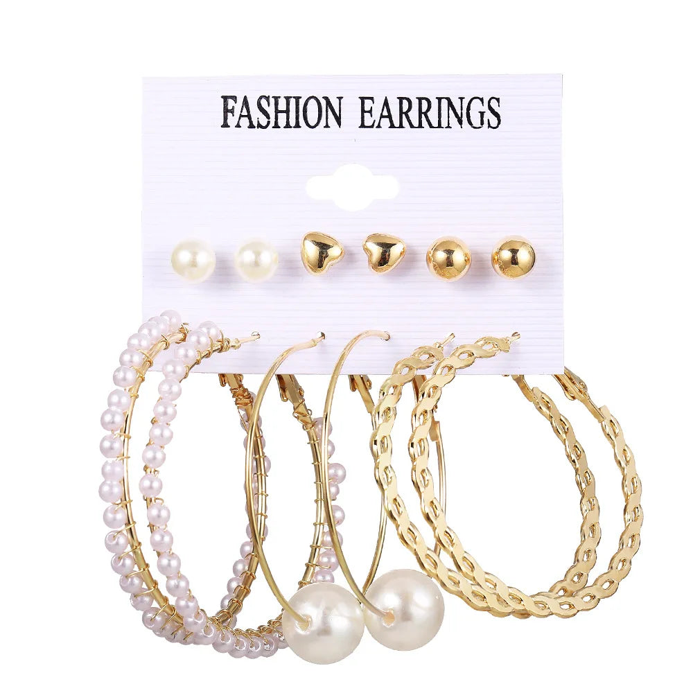 Boho Big Circle Hoop Earring Set for Women Gold Color Bohemia Vintage Pearl Square Earring Heart Zircon Ear Studs Jewelry
