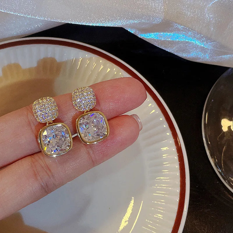 Silver Needle Fashion Square Zircon Drop Earrings For Women Jewelry 2025 Trending New Luxury Women's Crystal Earrings