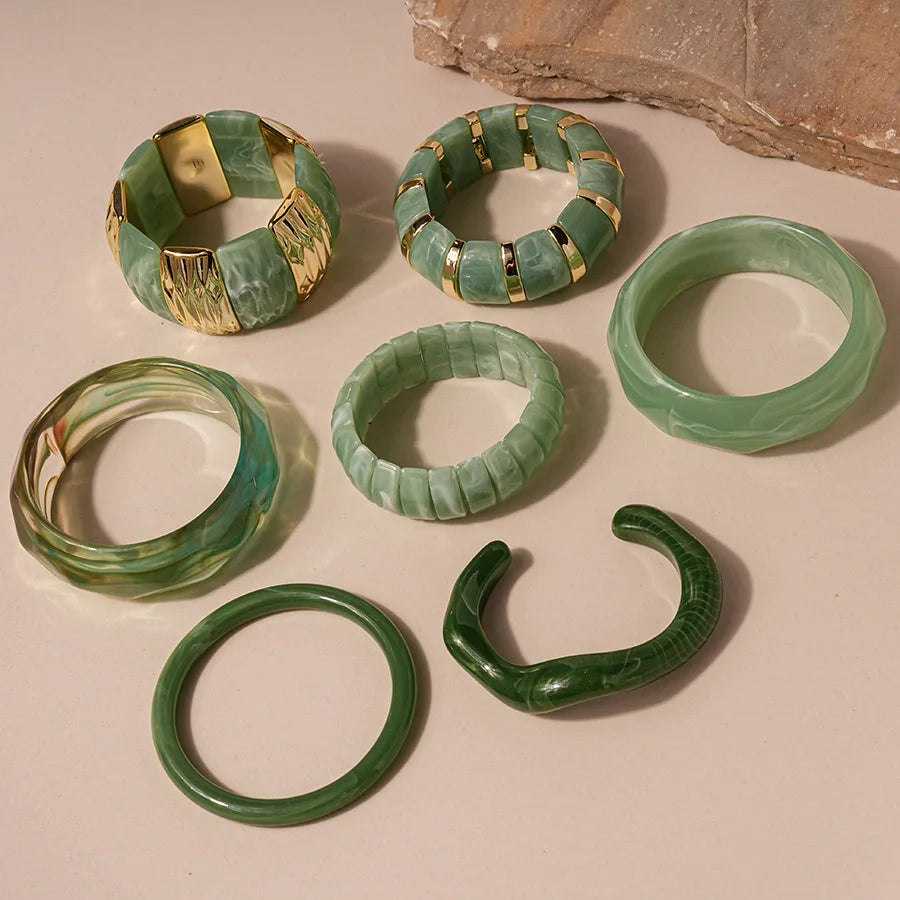 Green Irregular Square Round Wide Bracelets Vintage Resin Acrylic Smudging Bangles Bracelets for Women Girl Jewelry Gifts