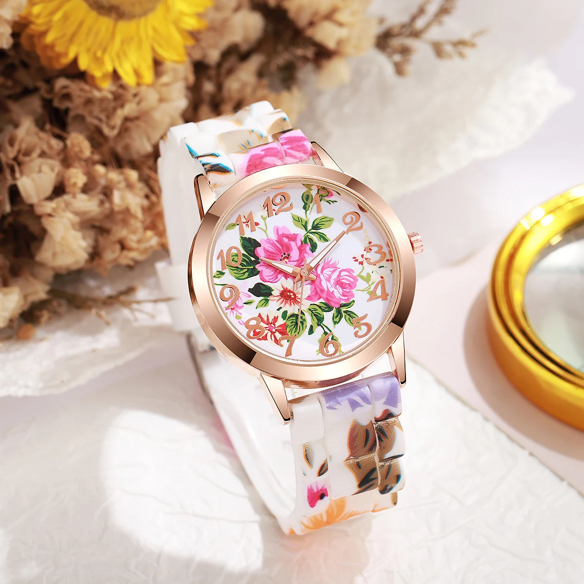 2/3/4/5PCS Fashion Flowers Printed Women Watches Casual Silicone Band Female Quartz Watch Relogio Feminino（Without Box）