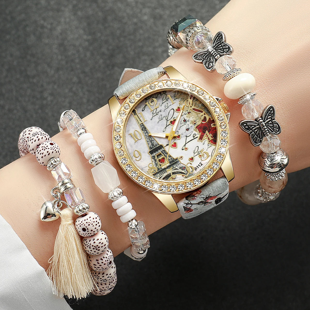 3/4/5PCS Fashion Rhinestone Women's Watch Flowers Printed Leather Band Female Quartz Watches Bracelets Set (Without Box）