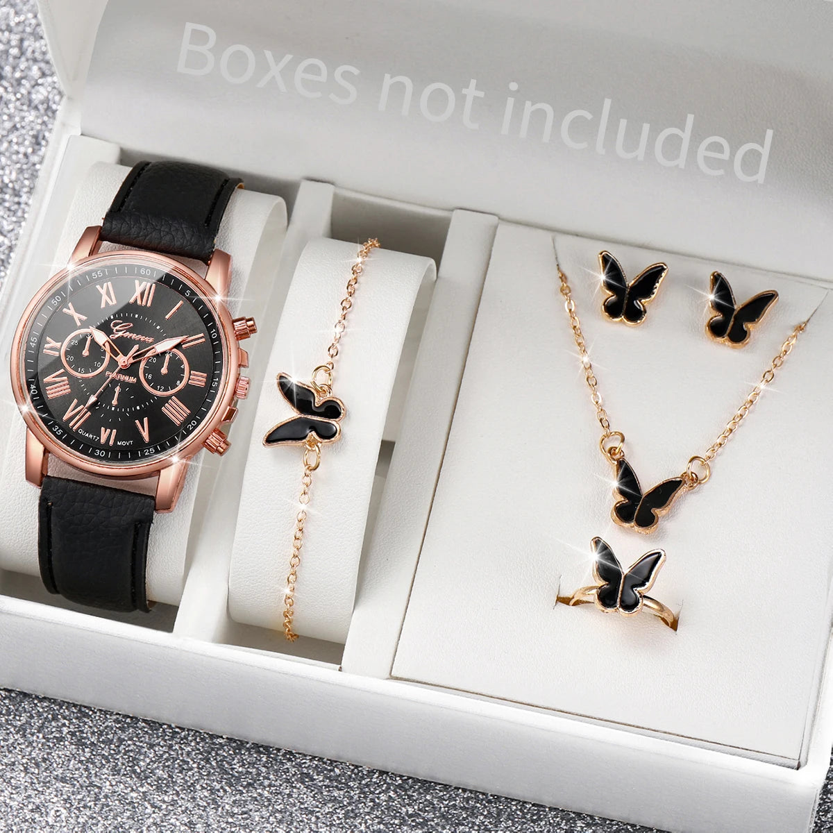 5/6PCS Fashion Women's Quartz Watch Leather Band Analog Wrist Watches Heart Rhinestone Jewelry Set (Without Box)