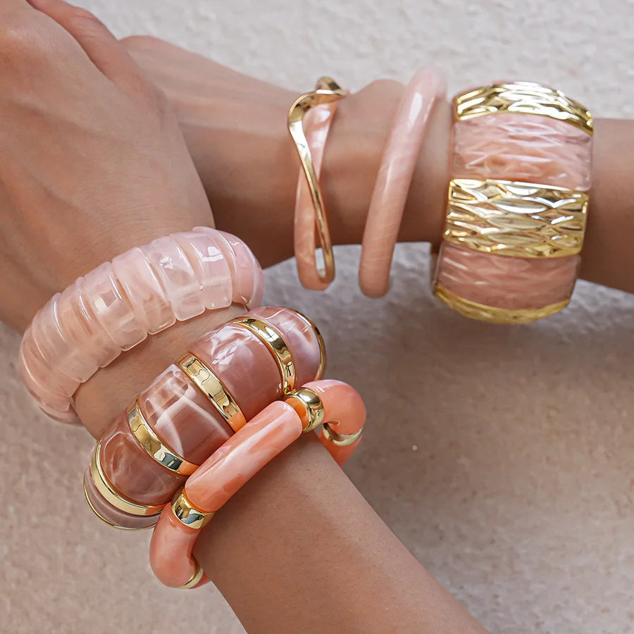 Pink Acrylic Resin Smudging Bangles for Women Girls Smooth Irregular Geometric Square Elastic Bracelets Wristband Jewelry