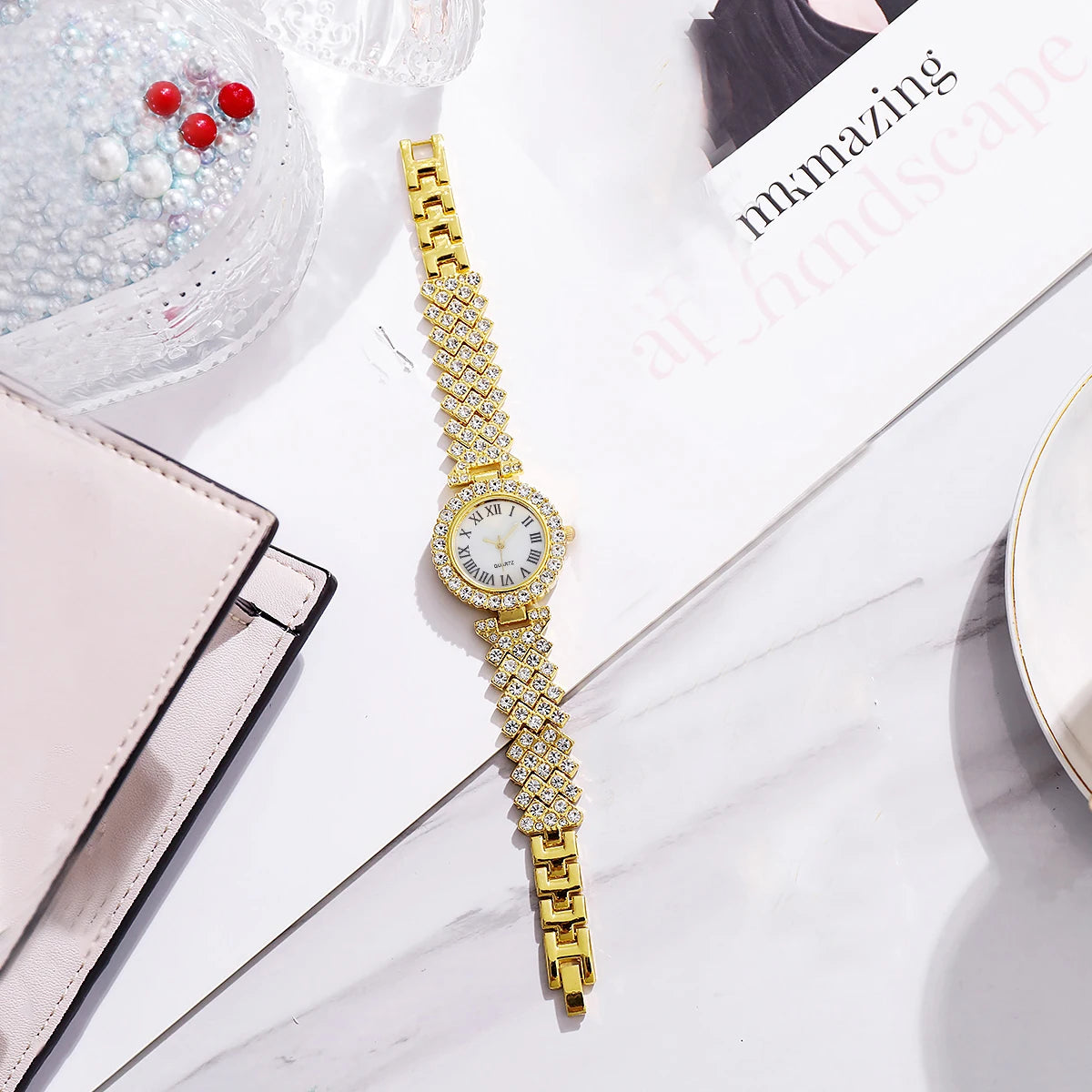 6PCS Luxury Rhinestone Women Watches Fashion Roma Dial Bracelet Wrist Watch Jewelry Set Relogio Feminino（Without Box）
